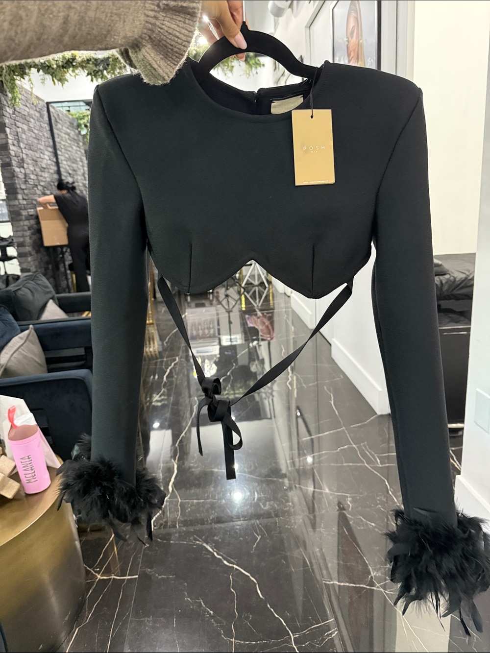 Posh Black Feather-Cuff  Long Sleeve Crop Top